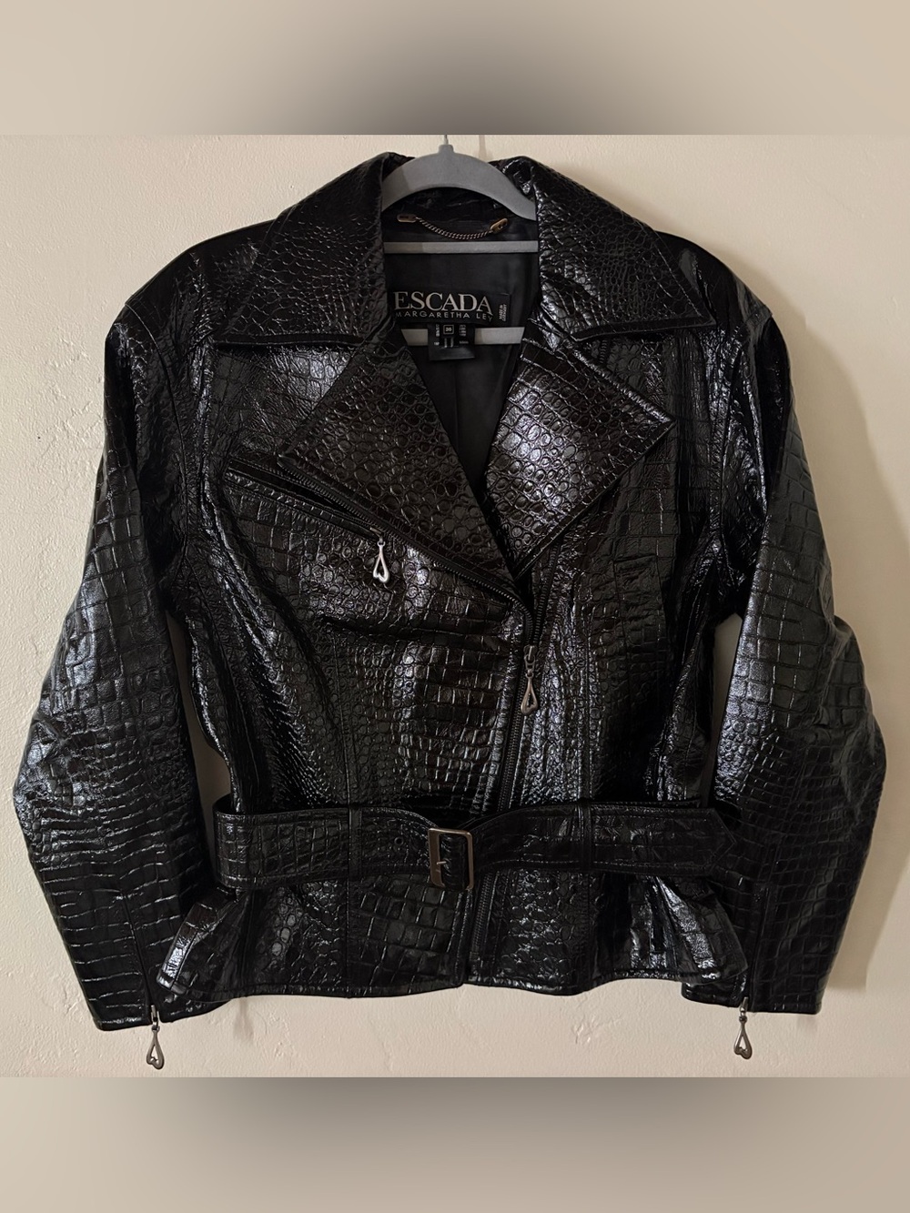 Escada Marghareta Ley Black Croc-Embossed Leather Belted Moto Biker Jacket VTG